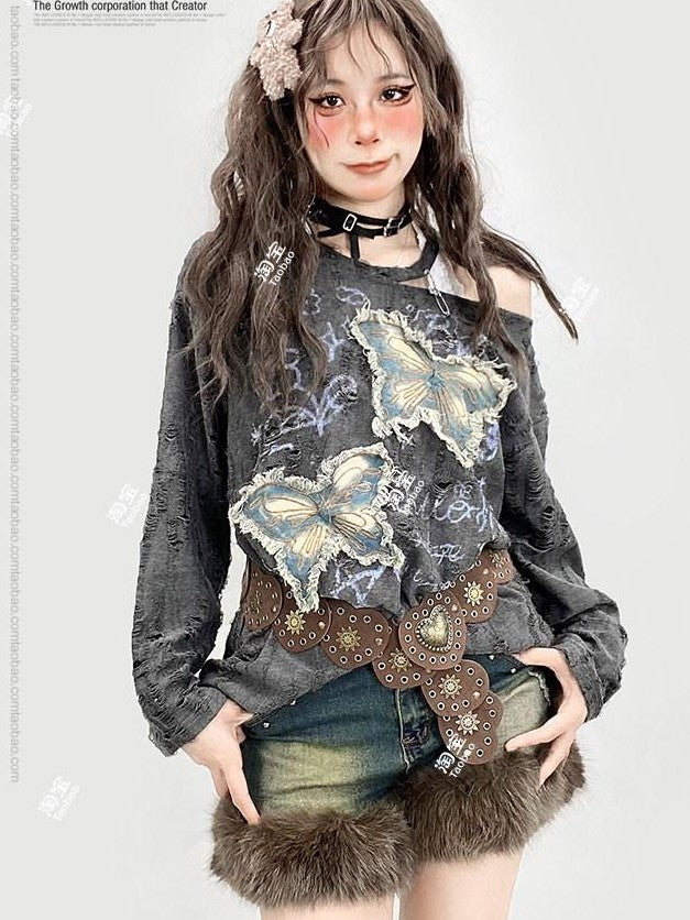 REDDACHIC Grey Ripped Butterfly Embroidery Slanted Shoulder Women'S Long Sleeve T-Shirts