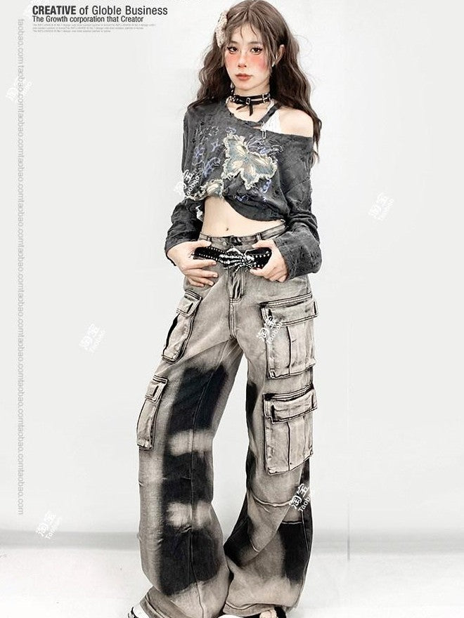 REDDACHIC Grey Ripped Butterfly Embroidery Slanted Shoulder Women'S Long Sleeve T-Shirts