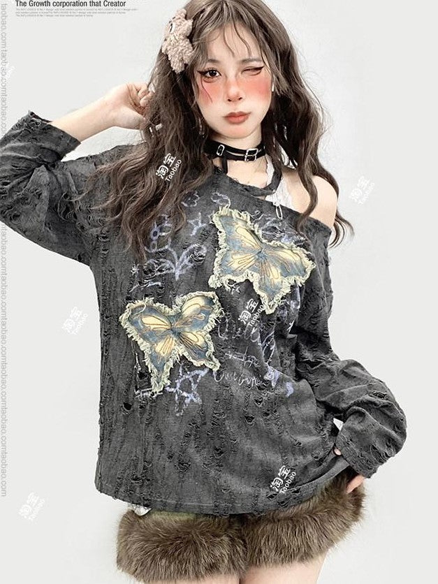REDDACHIC Grey Ripped Butterfly Embroidery Slanted Shoulder Women'S Long Sleeve T-Shirts