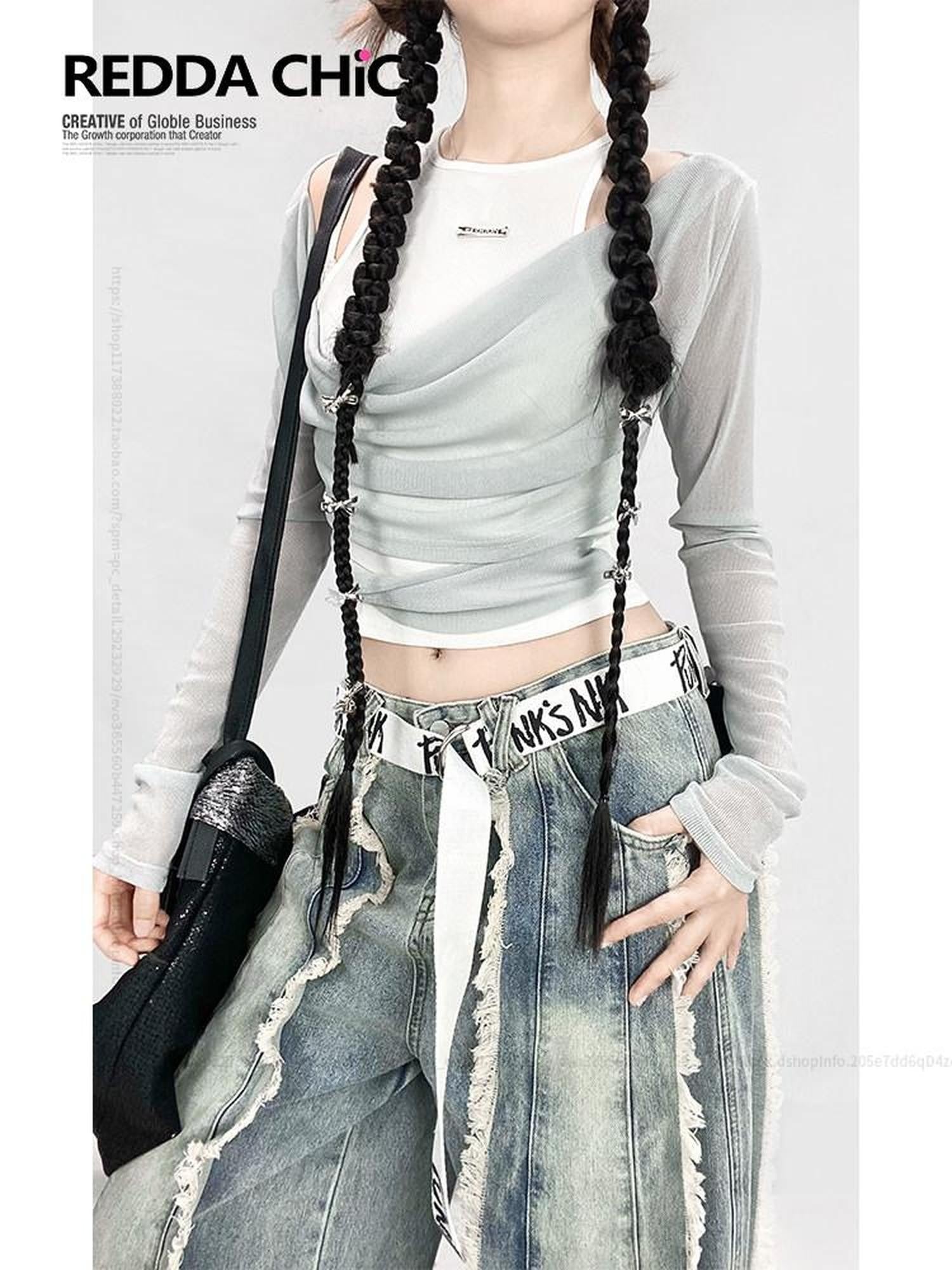 REDDACHIC Grey Sheer Off Shoulder Mesh Overlay Two Piece Women'S Mesh Long Sleeve T-Shirts
