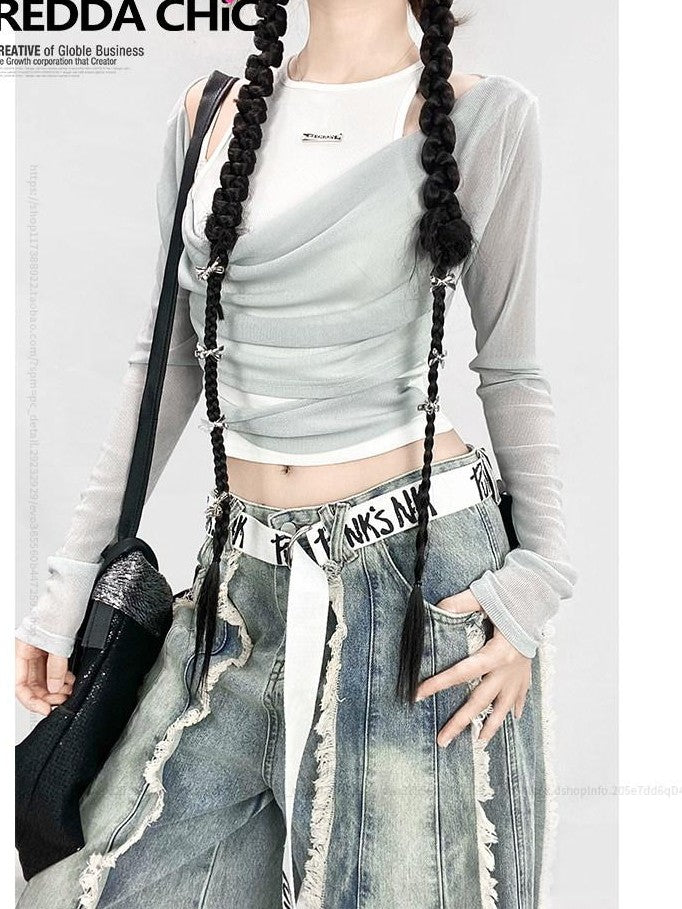 REDDACHIC Grey Sheer Off Shoulder Mesh Overlay Two Piece Women'S Mesh Long Sleeve T-Shirts