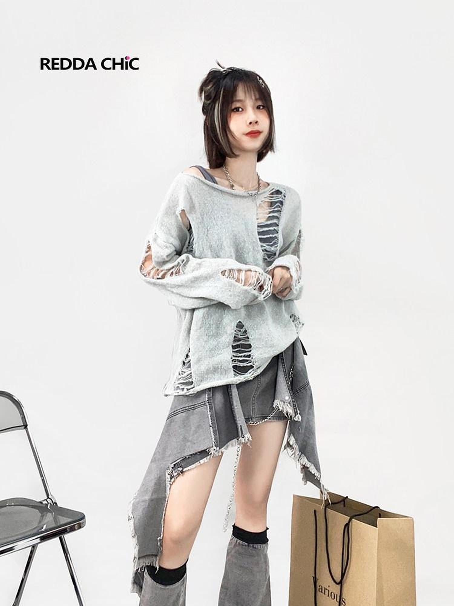 REDDACHIC Grunge Hand Crochet Openwork Distressed Women'S Knit Long Sleeve T-Shirts