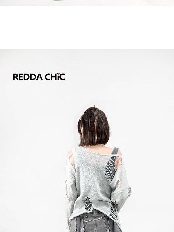 REDDACHIC Grunge Hand Crochet Openwork Distressed Women'S Knit Long Sleeve T-Shirts