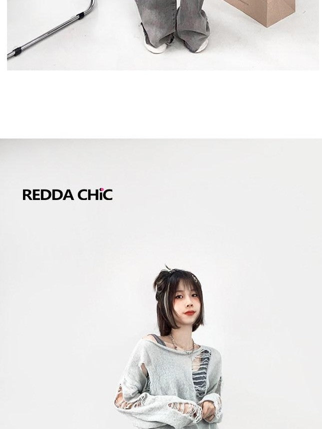 REDDACHIC Grunge Hand Crochet Openwork Distressed Women'S Knit Long Sleeve T-Shirts