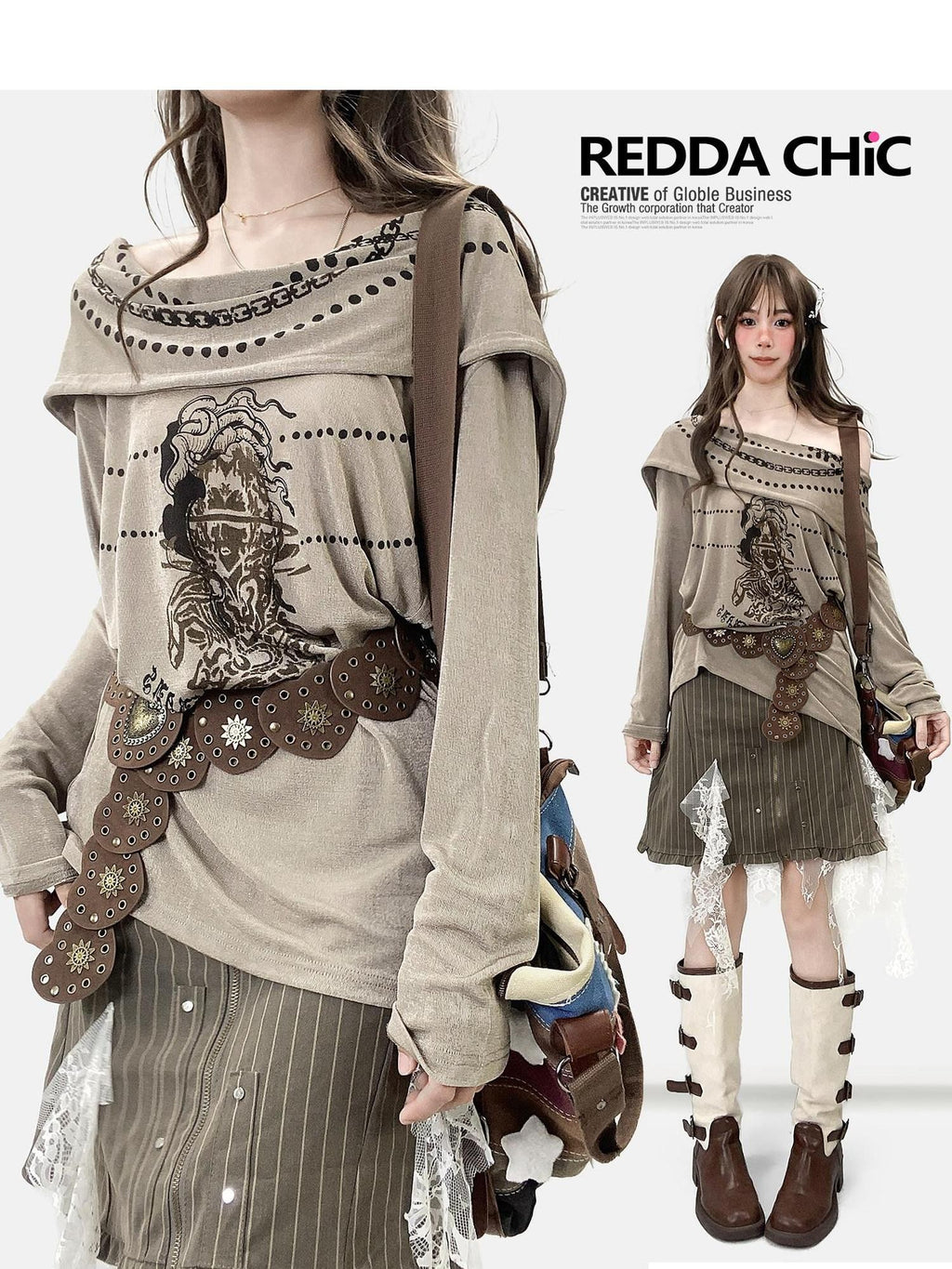 REDDACHIC Khaki Off Shoulder Cross Print Patchwork Women'S Velvet Long Sleeve T-Shirts