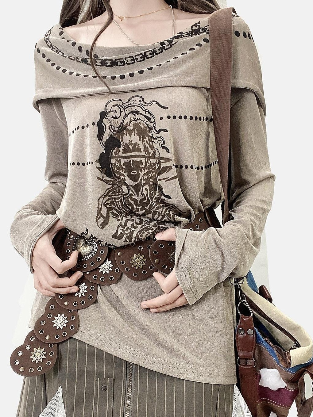 REDDACHIC Khaki Off Shoulder Cross Print Patchwork Women'S Velvet Long Sleeve T-Shirts