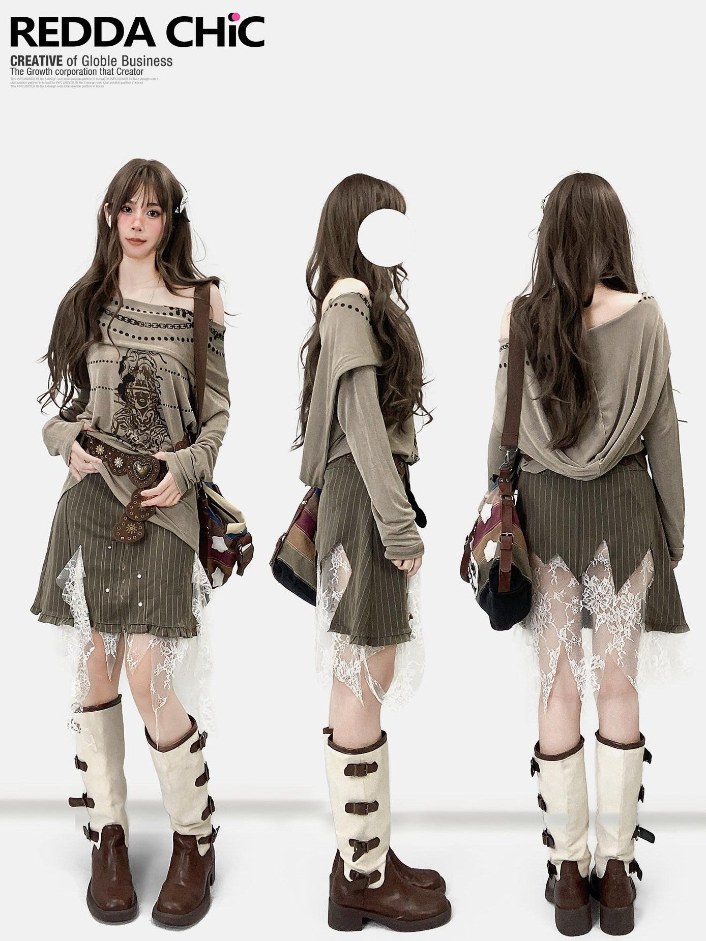REDDACHIC Khaki Off Shoulder Cross Print Patchwork Women'S Velvet Long Sleeve T-Shirts