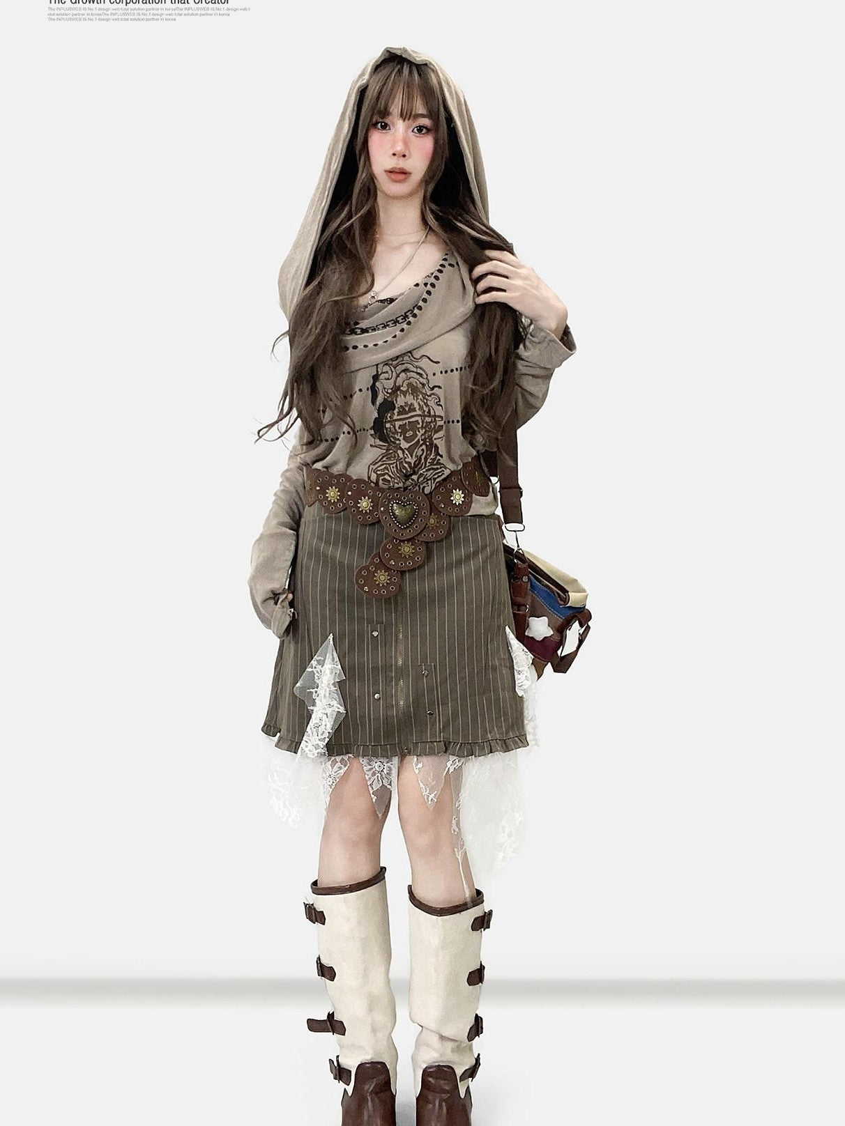 REDDACHIC Khaki Off Shoulder Cross Print Patchwork Women'S Velvet Long Sleeve T-Shirts