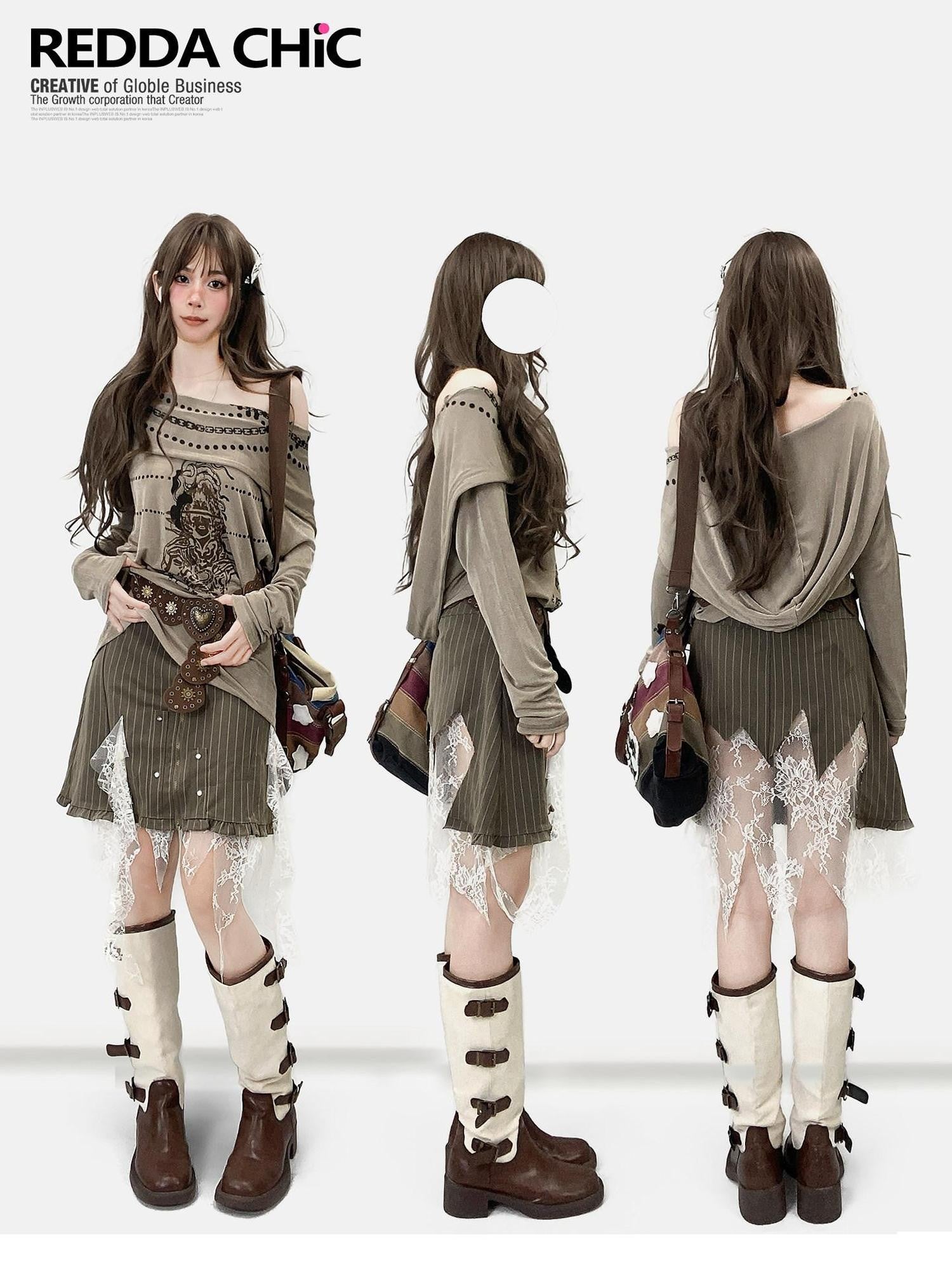 REDDACHIC Khaki Off Shoulder Cross Print Patchwork Women'S Velvet Long Sleeve T-Shirts