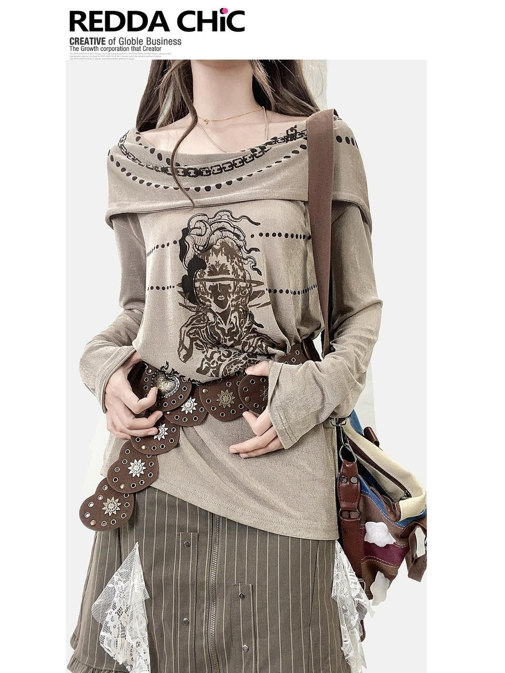 REDDACHIC Khaki Off Shoulder Cross Print Patchwork Women'S Velvet Long Sleeve T-Shirts