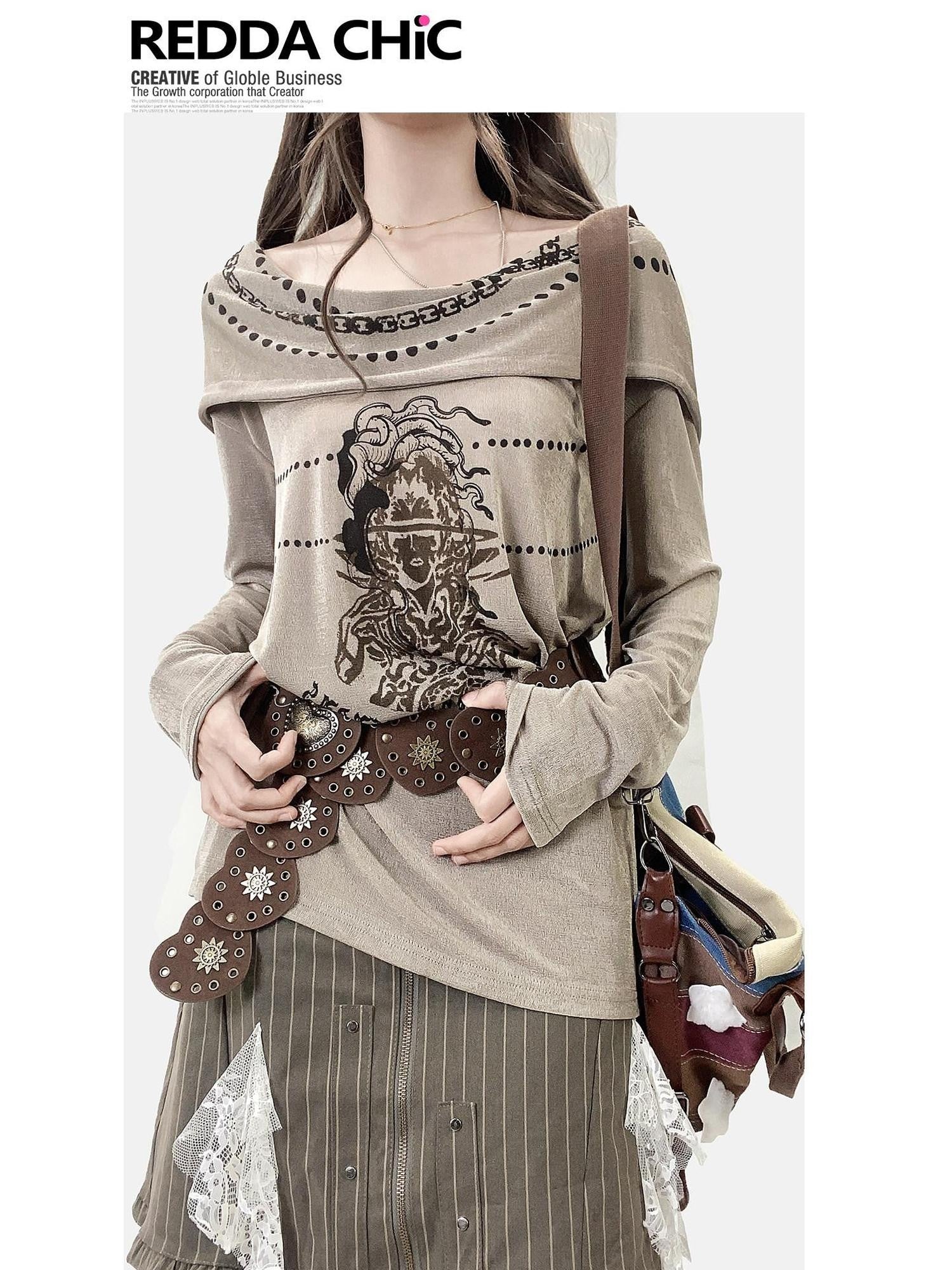 REDDACHIC Khaki Off Shoulder Cross Print Patchwork Women'S Velvet Long Sleeve T-Shirts