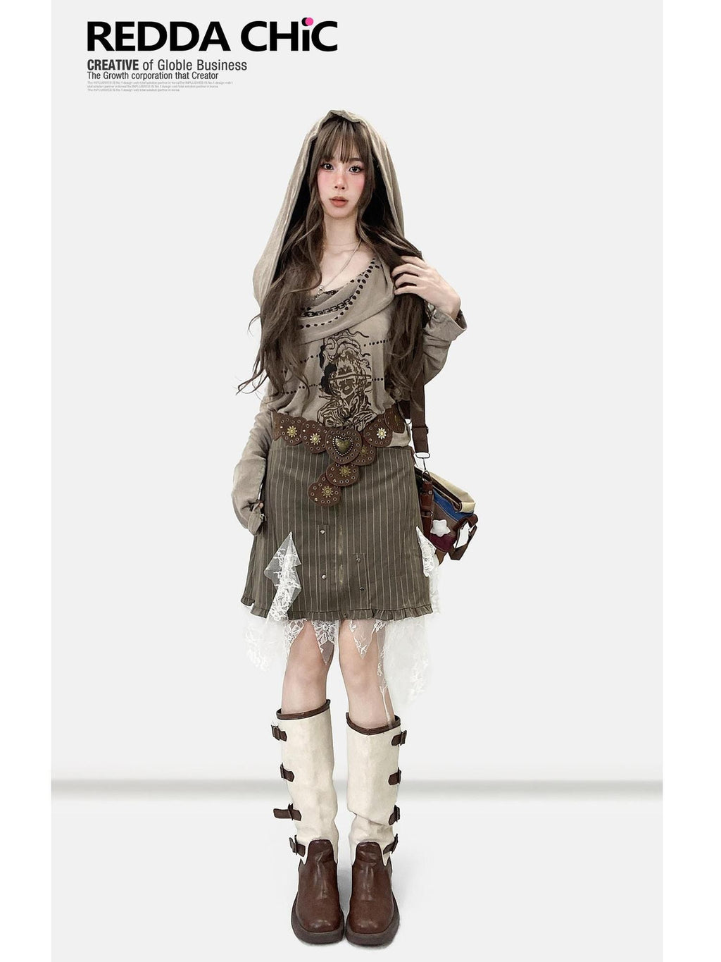 REDDACHIC Khaki Off Shoulder Cross Print Patchwork Women'S Velvet Long Sleeve T-Shirts