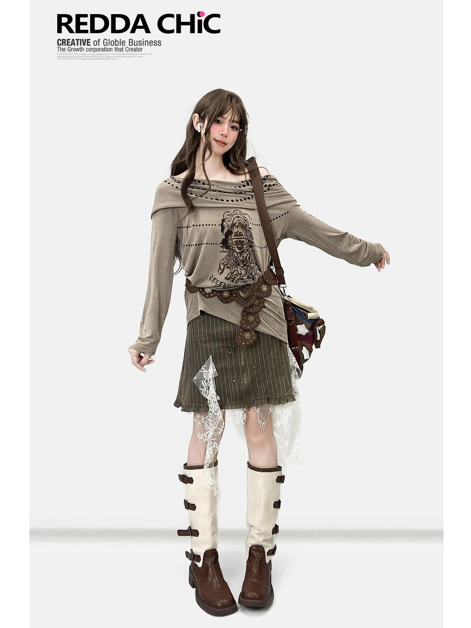 REDDACHIC Khaki Off Shoulder Cross Print Patchwork Women'S Velvet Long Sleeve T-Shirts