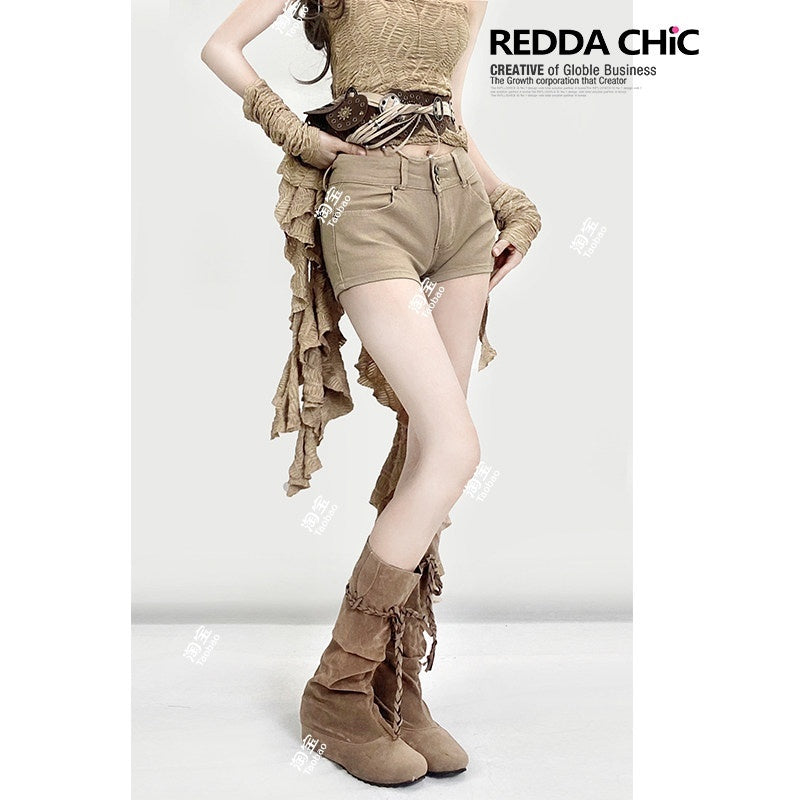 REDDACHIC_Khaki_Vintage_Low_Waist_Slim_Stretch_Women'S_Cotton_Stretch_Denim_Shorts_MISSTT