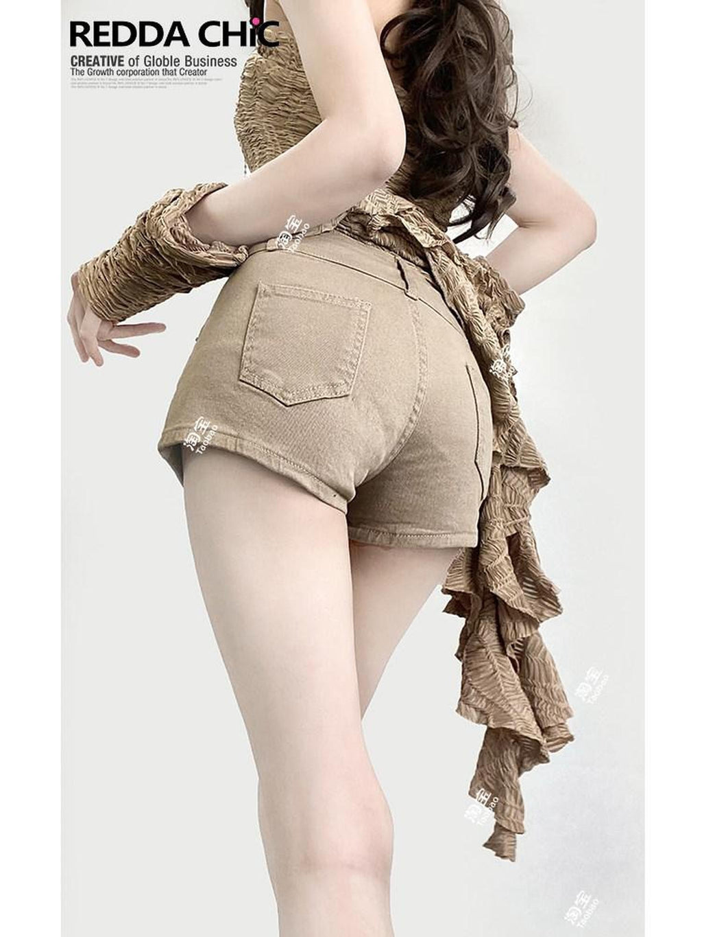 REDDACHIC Khaki Vintage Low Waist Slim Stretch Women'S Cotton Stretch Denim Shorts
