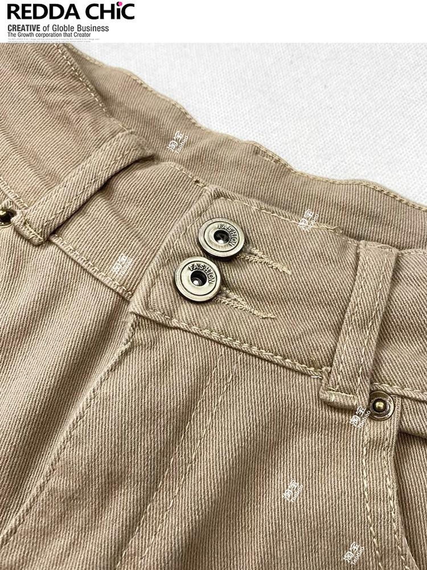 REDDACHIC Khaki Vintage Low Waist Slim Stretch Women'S Cotton Stretch Denim Shorts