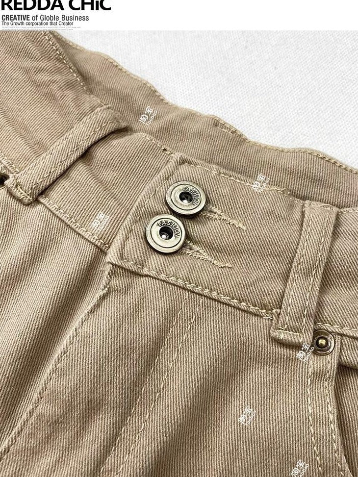 REDDACHIC Khaki Vintage Low Waist Slim Stretch Women'S Cotton Stretch Denim Shorts