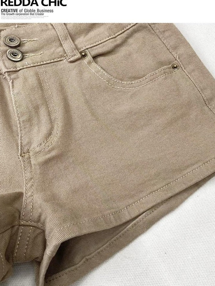 REDDACHIC Khaki Vintage Low Waist Slim Stretch Women'S Cotton Stretch Denim Shorts