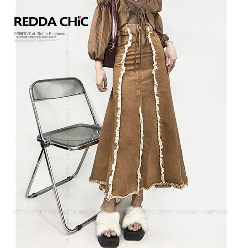 REDDACHIC_Khaki_Vintage_Ruffle_Fringe_High_Waist_Aline_Women'S_Denim_Maxi_Skirts_MISSTT