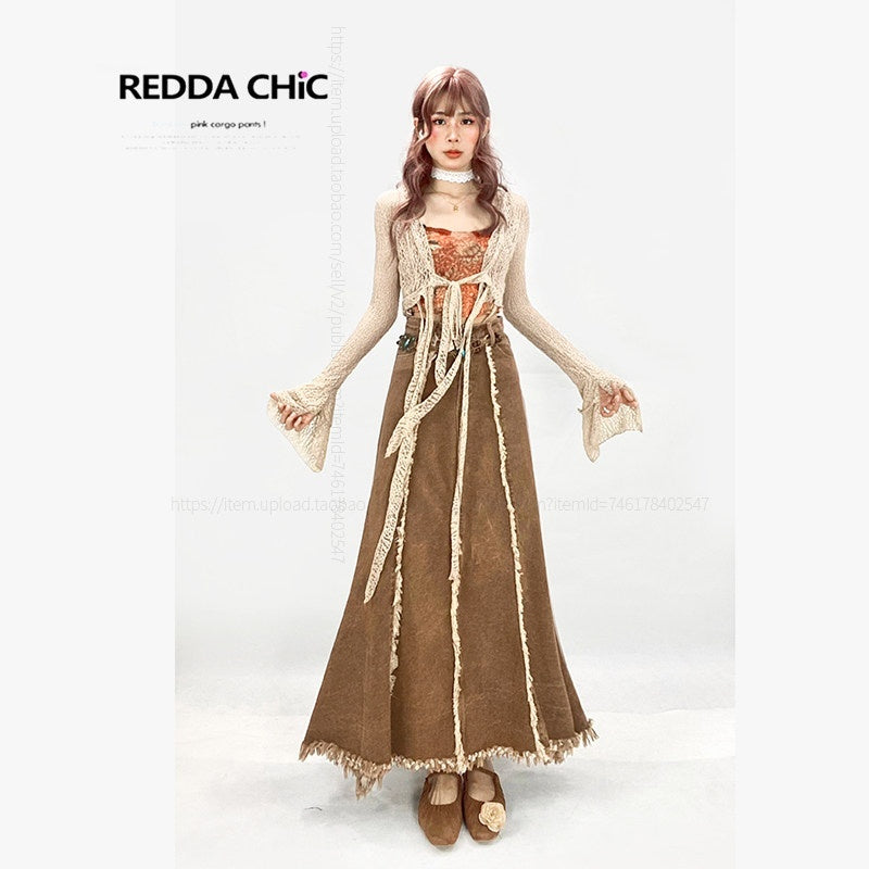 REDDACHIC_Khaki_Vintage_Ruffle_Fringe_High_Waist_Aline_Women'S_Denim_Maxi_Skirts_MISSTT