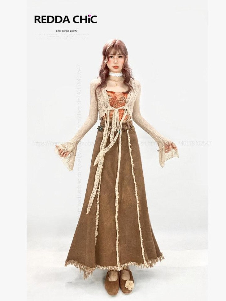REDDACHIC Khaki Vintage Ruffle Fringe High Waist Aline Women'S Denim Maxi Skirts