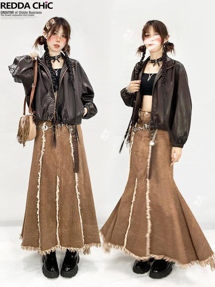 REDDACHIC Khaki Vintage Ruffle Fringe High Waist Aline Women'S Denim Maxi Skirts