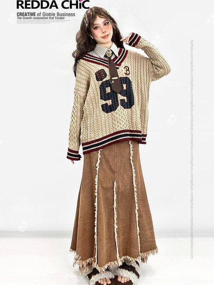 REDDACHIC Khaki Vintage Ruffle Fringe High Waist Aline Women'S Denim Maxi Skirts