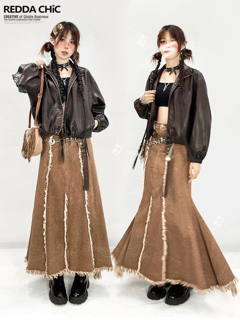REDDACHIC Khaki Vintage Ruffle Fringe High Waist Aline Women'S Denim Maxi Skirts