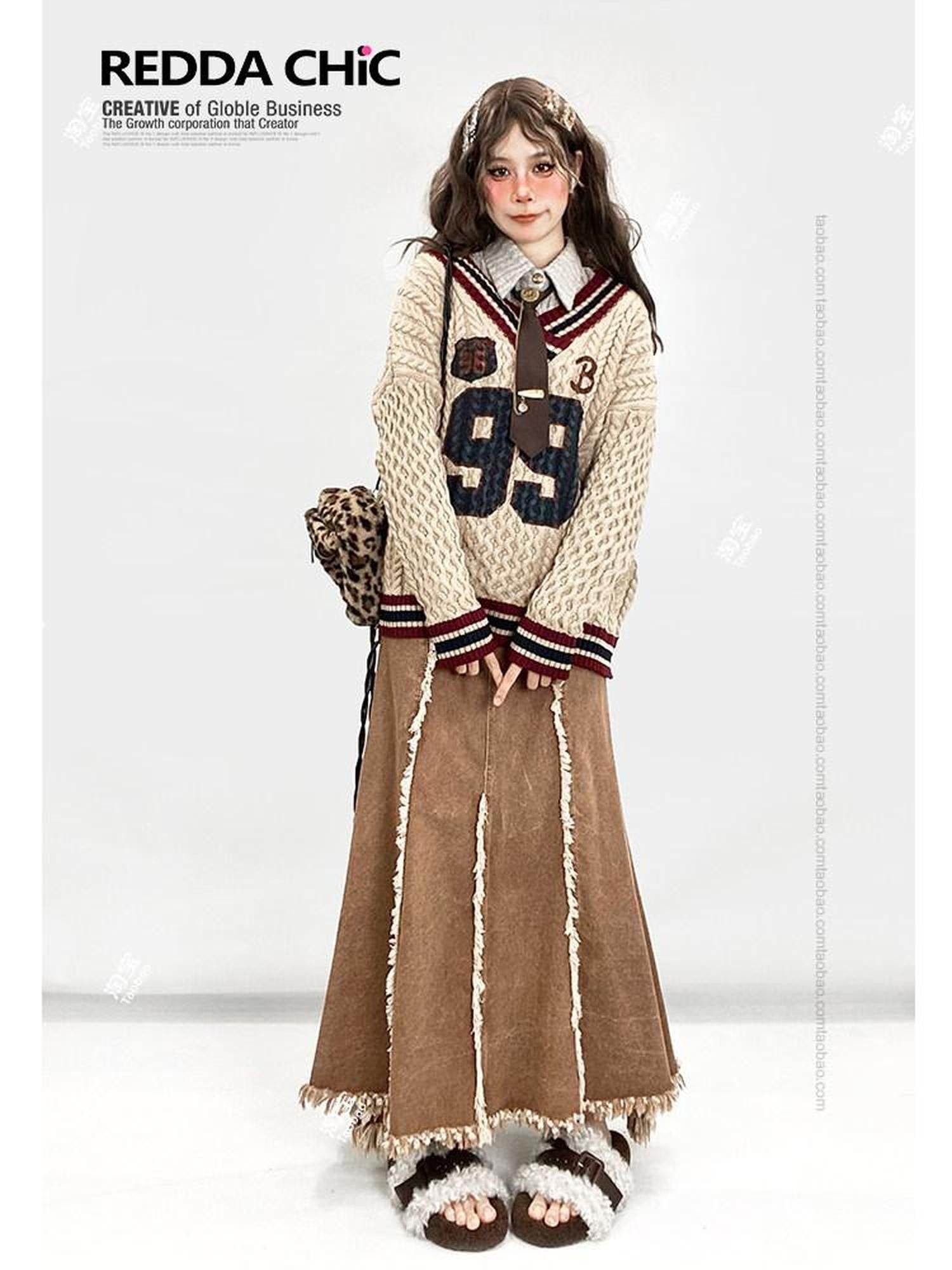 REDDACHIC Khaki Vintage Ruffle Fringe High Waist Aline Women'S Denim Maxi Skirts