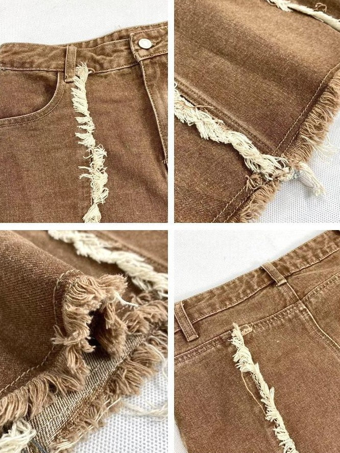REDDACHIC Khaki Vintage Ruffle Fringe High Waist Aline Women'S Denim Maxi Skirts