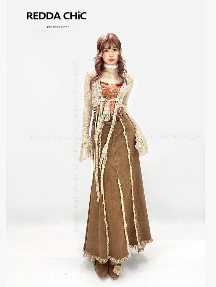 REDDACHIC Khaki Vintage Ruffle Fringe High Waist Aline Women'S Denim Maxi Skirts