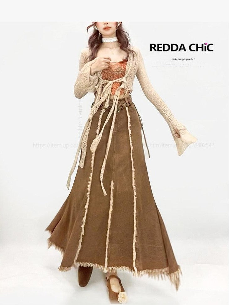 REDDACHIC Khaki Vintage Ruffle Fringe High Waist Aline Women'S Denim Maxi Skirts