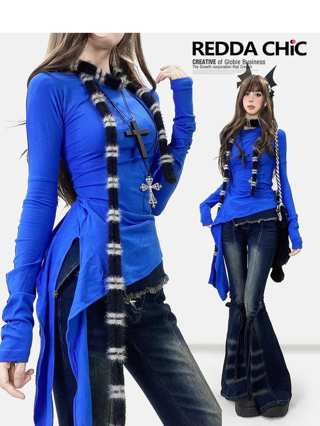 REDDACHIC Klein Blue Asymmetric Layered Mid Length Women'S Long Sleeve T-Shirts