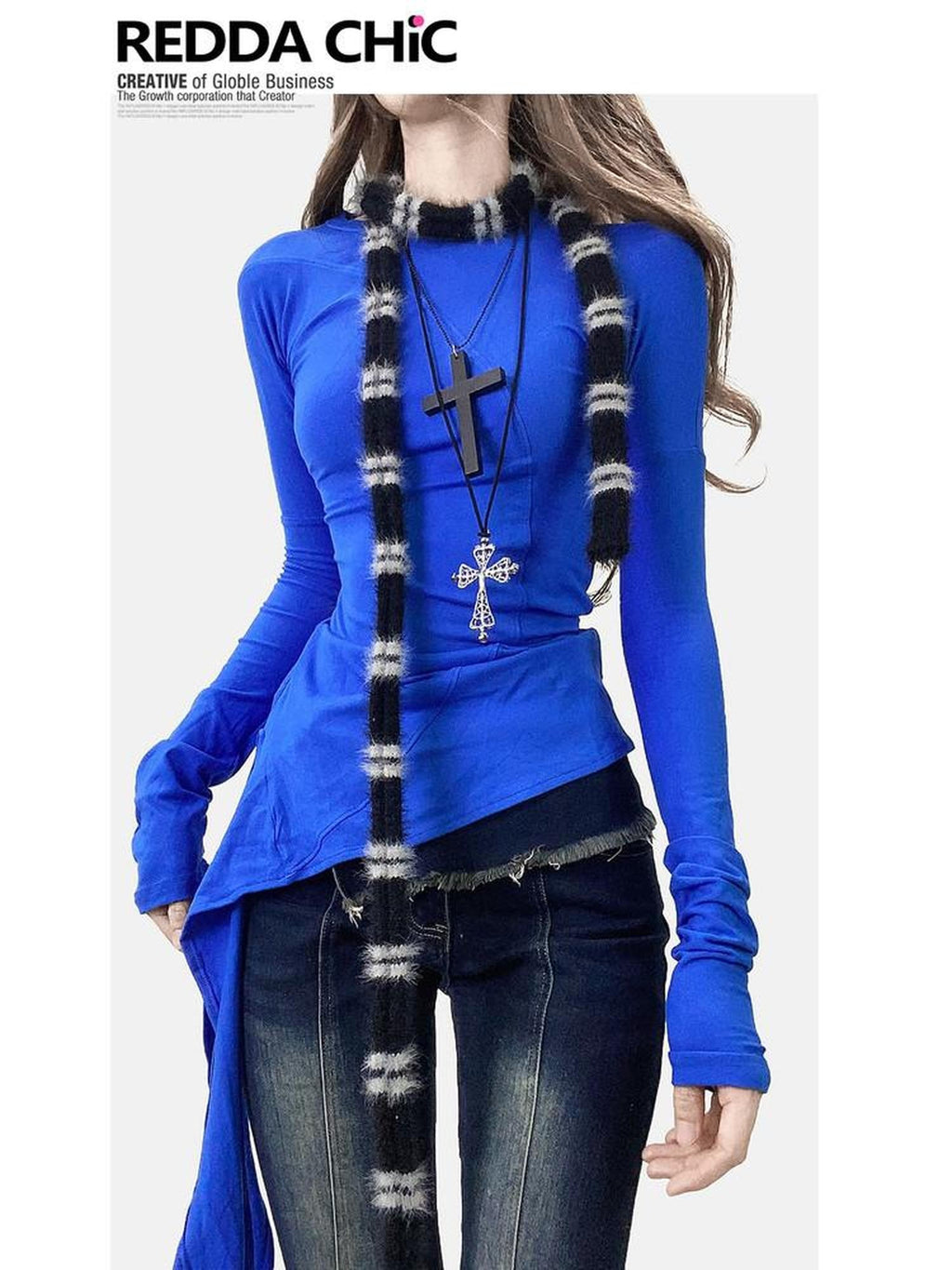REDDACHIC Klein Blue Asymmetric Layered Mid Length Women'S Long Sleeve T-Shirts
