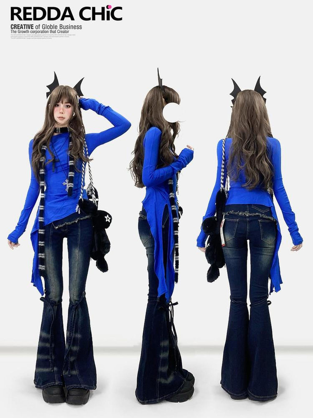 REDDACHIC Klein Blue Asymmetric Layered Mid Length Women'S Long Sleeve T-Shirts