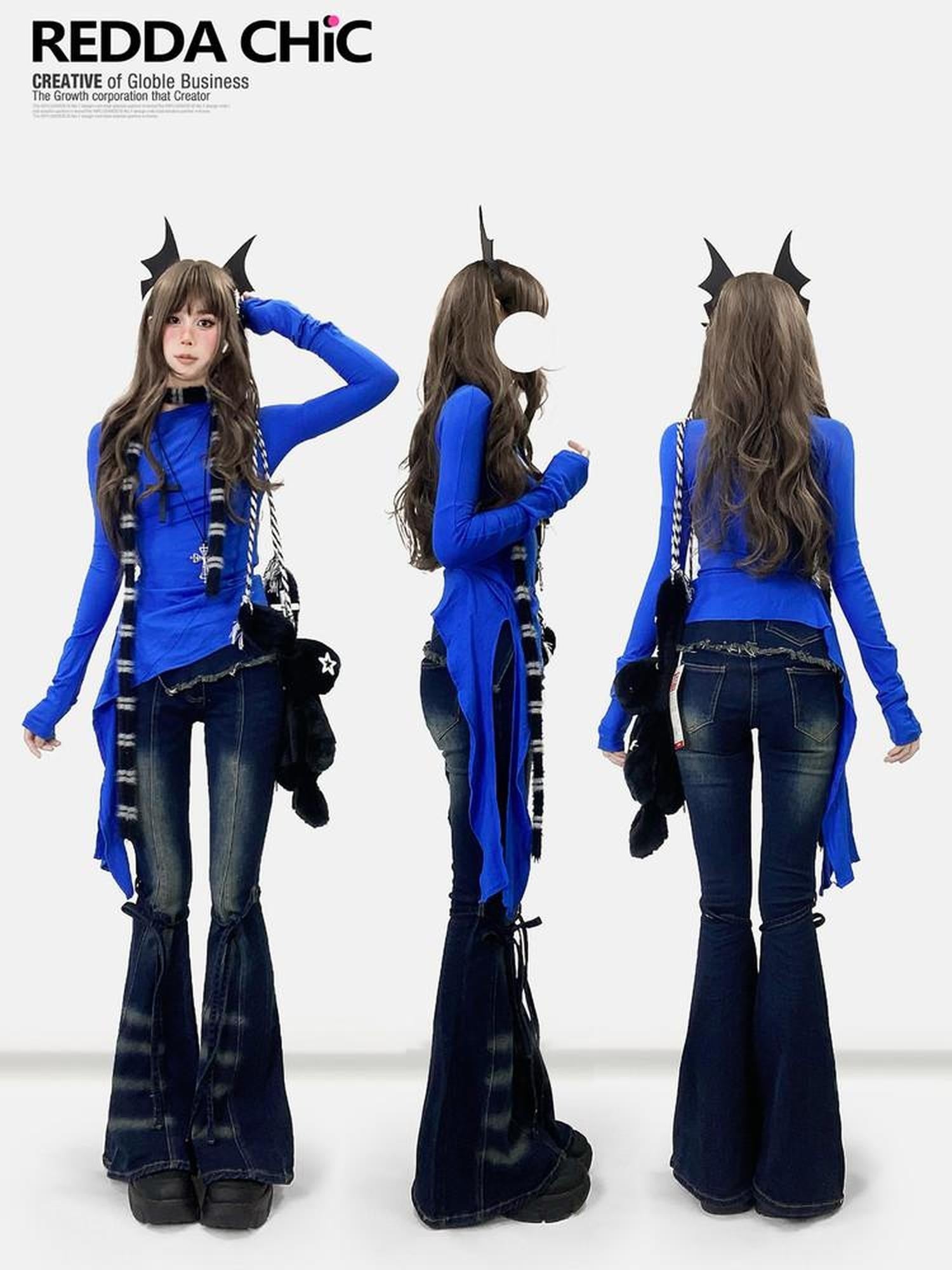 REDDACHIC Klein Blue Asymmetric Layered Mid Length Women'S Long Sleeve T-Shirts