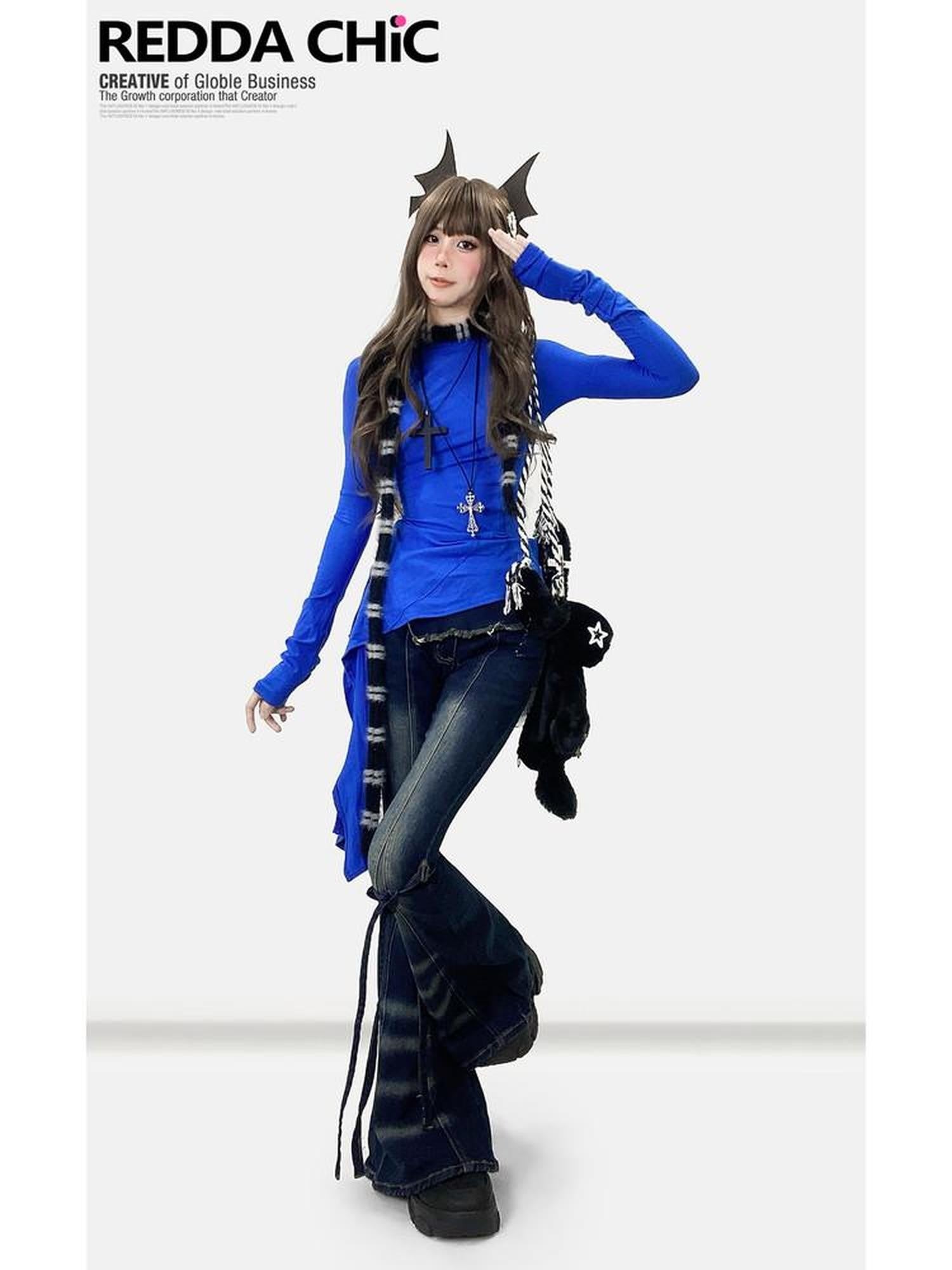 REDDACHIC Klein Blue Asymmetric Layered Mid Length Women'S Long Sleeve T-Shirts