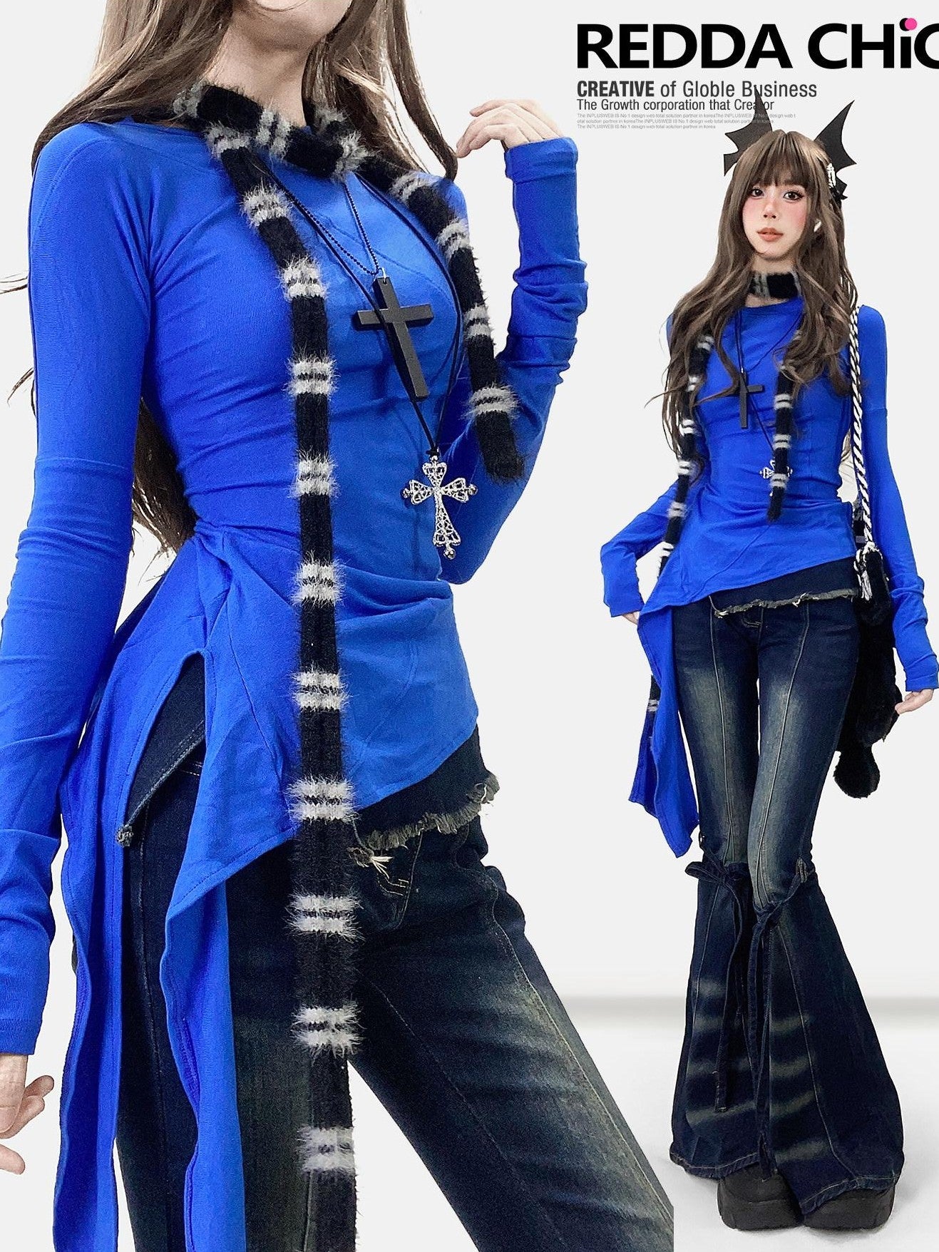 REDDACHIC Klein Blue Asymmetric Layered Mid Length Women'S Long Sleeve T-Shirts