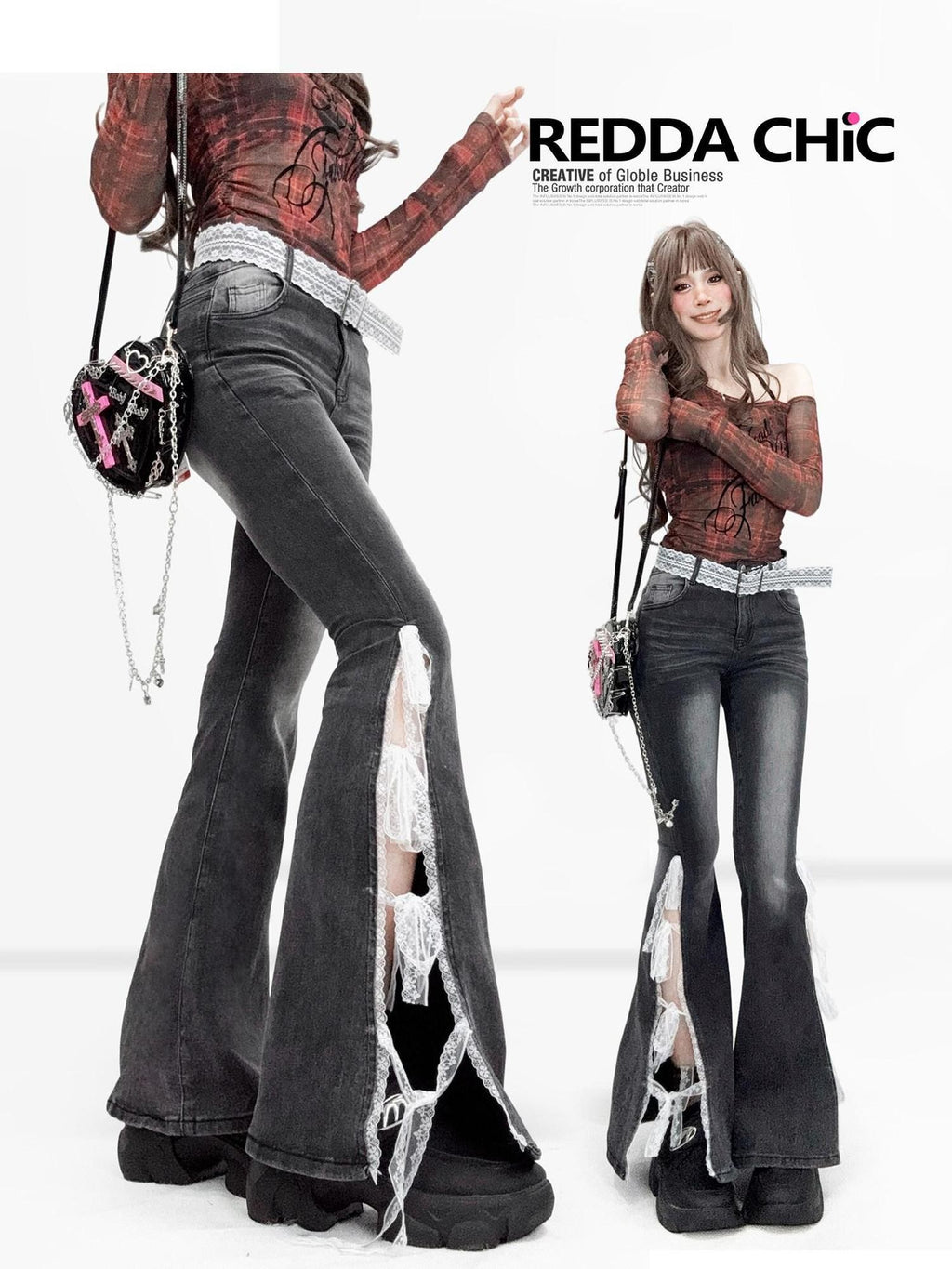 REDDACHIC Lace Bow Side Slit High Waist Slim Women'S Cotton Stretch Denim Flare Jeans