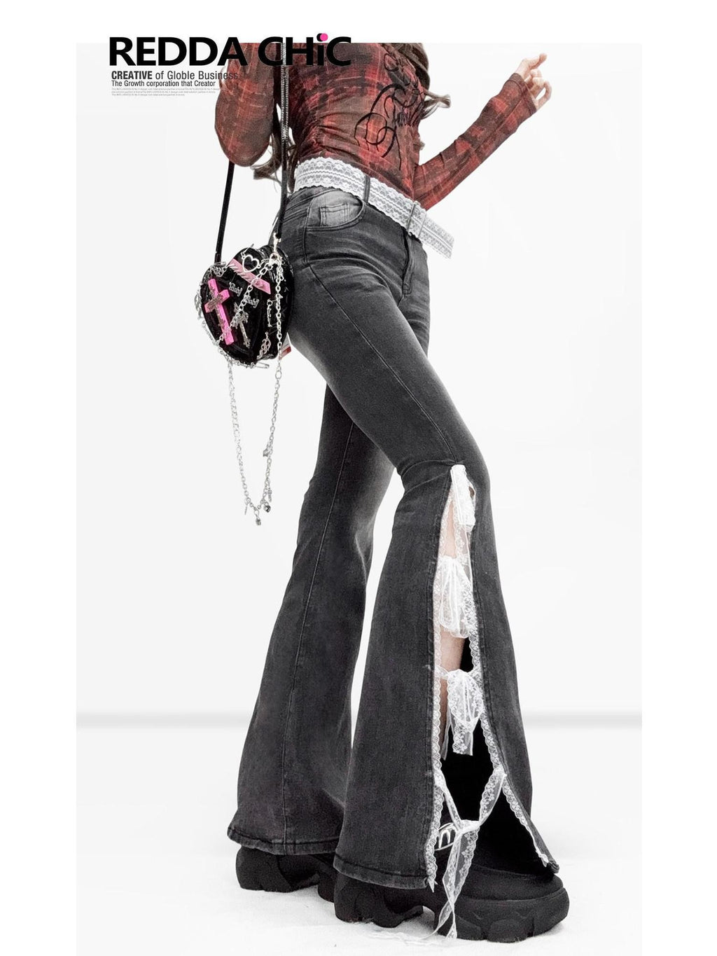 REDDACHIC Lace Bow Side Slit High Waist Slim Women'S Cotton Stretch Denim Flare Jeans