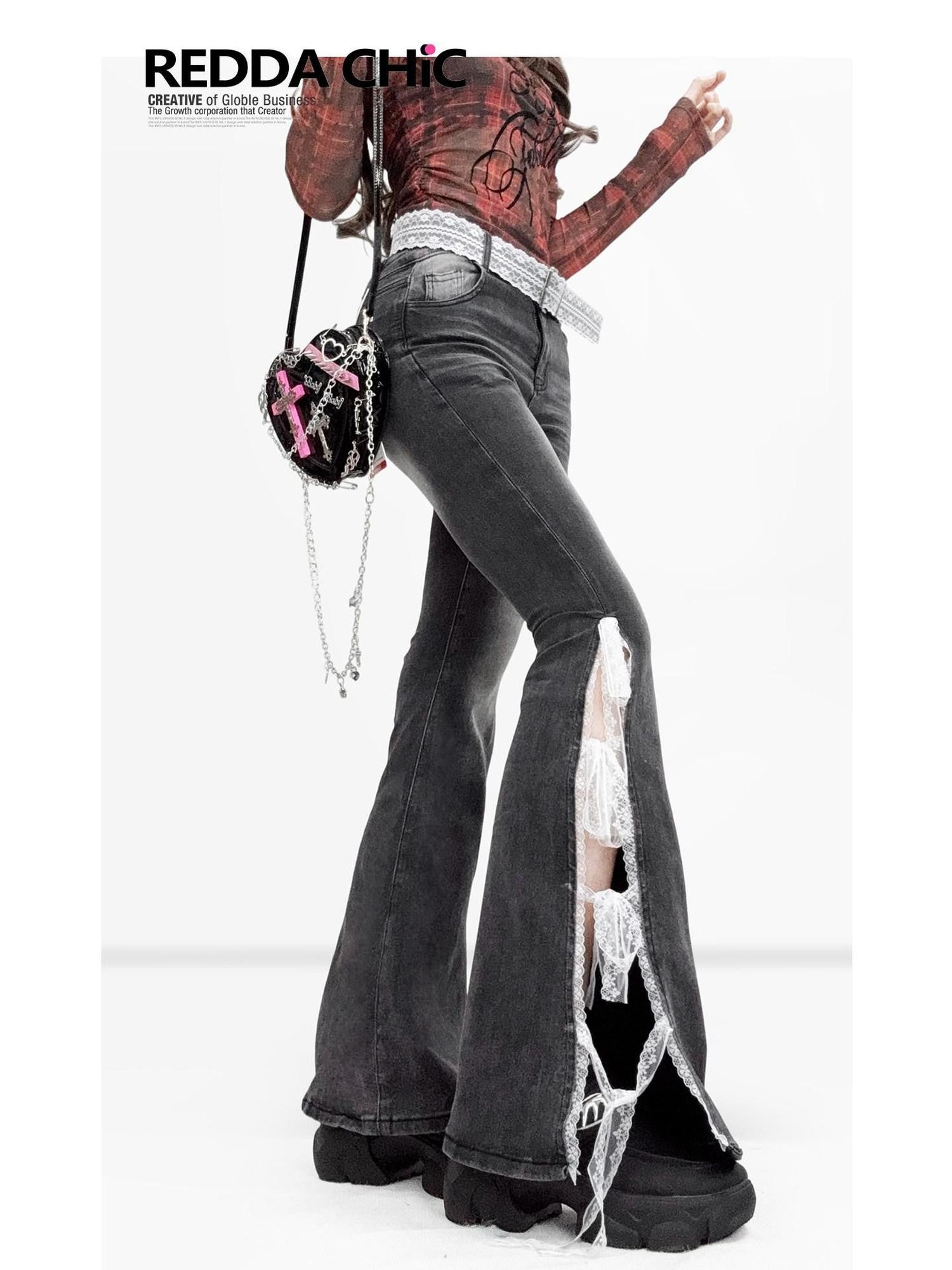 REDDACHIC Lace Bow Side Slit High Waist Slim Women'S Cotton Stretch Denim Flare Jeans