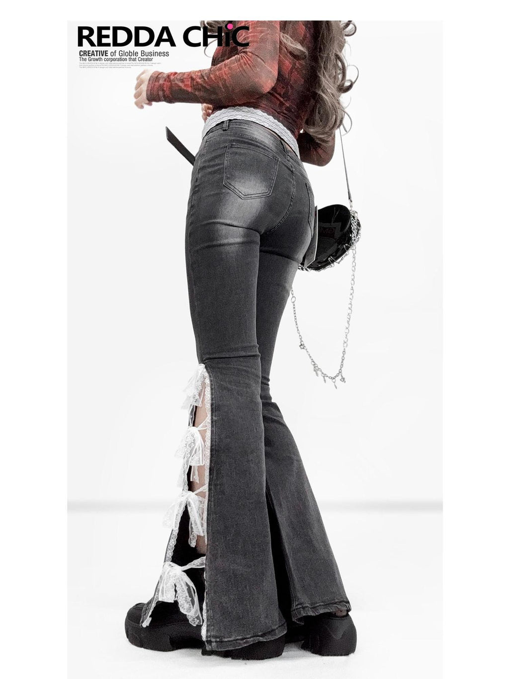 REDDACHIC Lace Bow Side Slit High Waist Slim Women'S Cotton Stretch Denim Flare Jeans