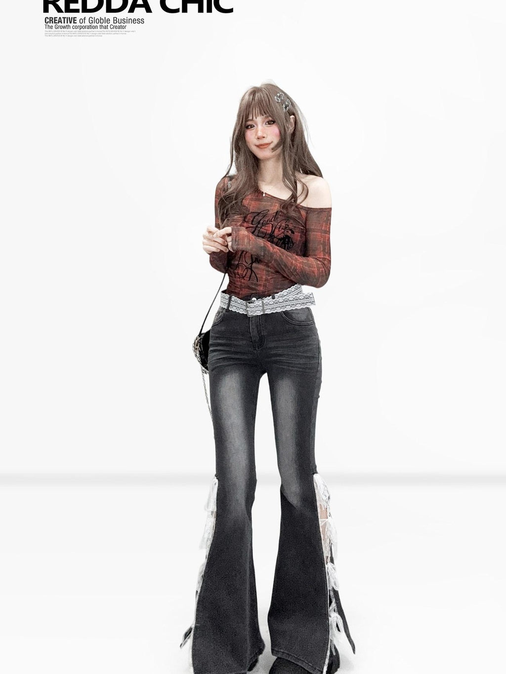 REDDACHIC Lace Bow Side Slit High Waist Slim Women'S Cotton Stretch Denim Flare Jeans