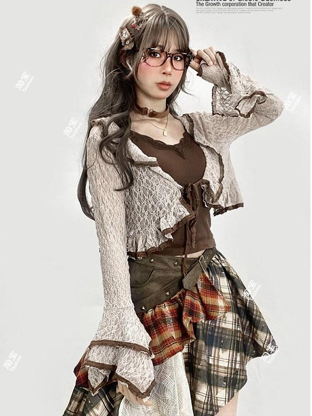 REDDACHIC Lace Spliced Irregular Pullover Cropped Vintage Women'S Cardigans