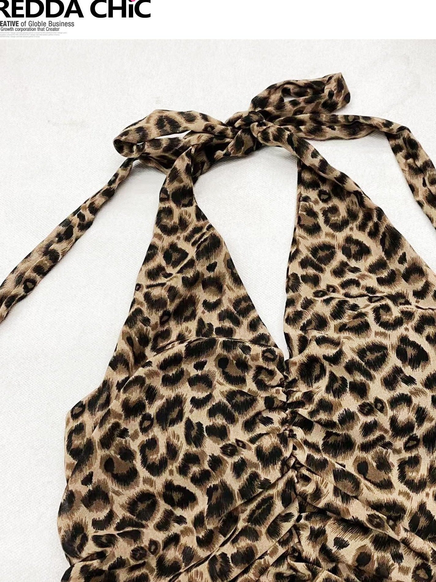 REDDACHIC Leopard Print Halter V-neck Asymmetric Ruffle Women'S Chiffon Slip Mini Dresses