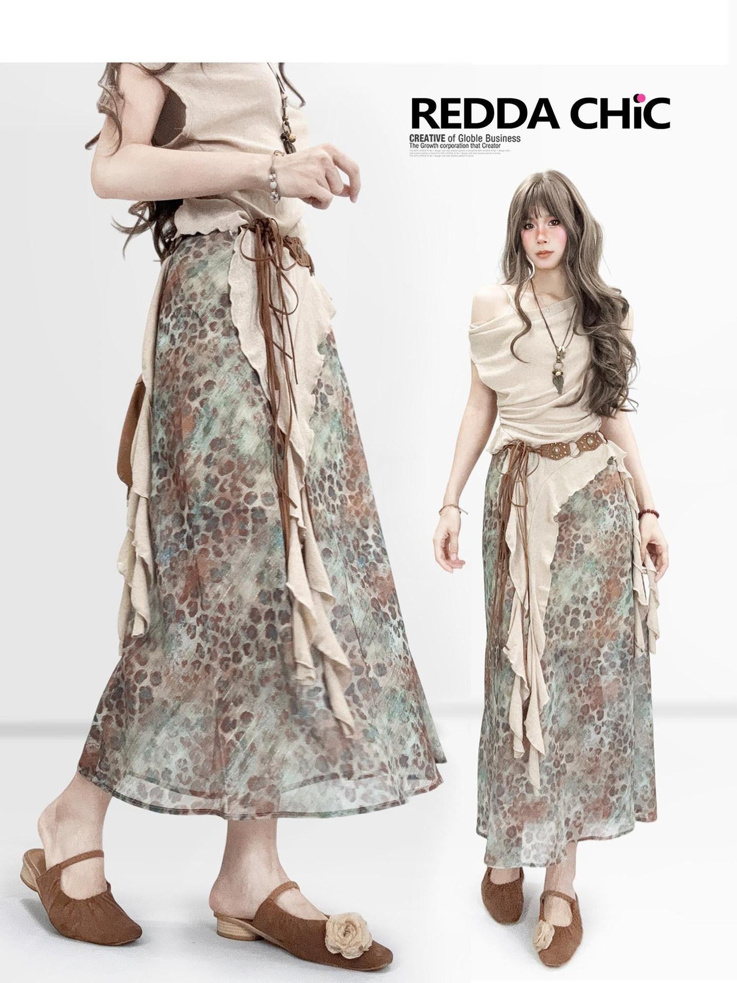 REDDACHIC Leopard Tie Dye Gradient Retro A Line Women'S Chiffon Midi Skirts