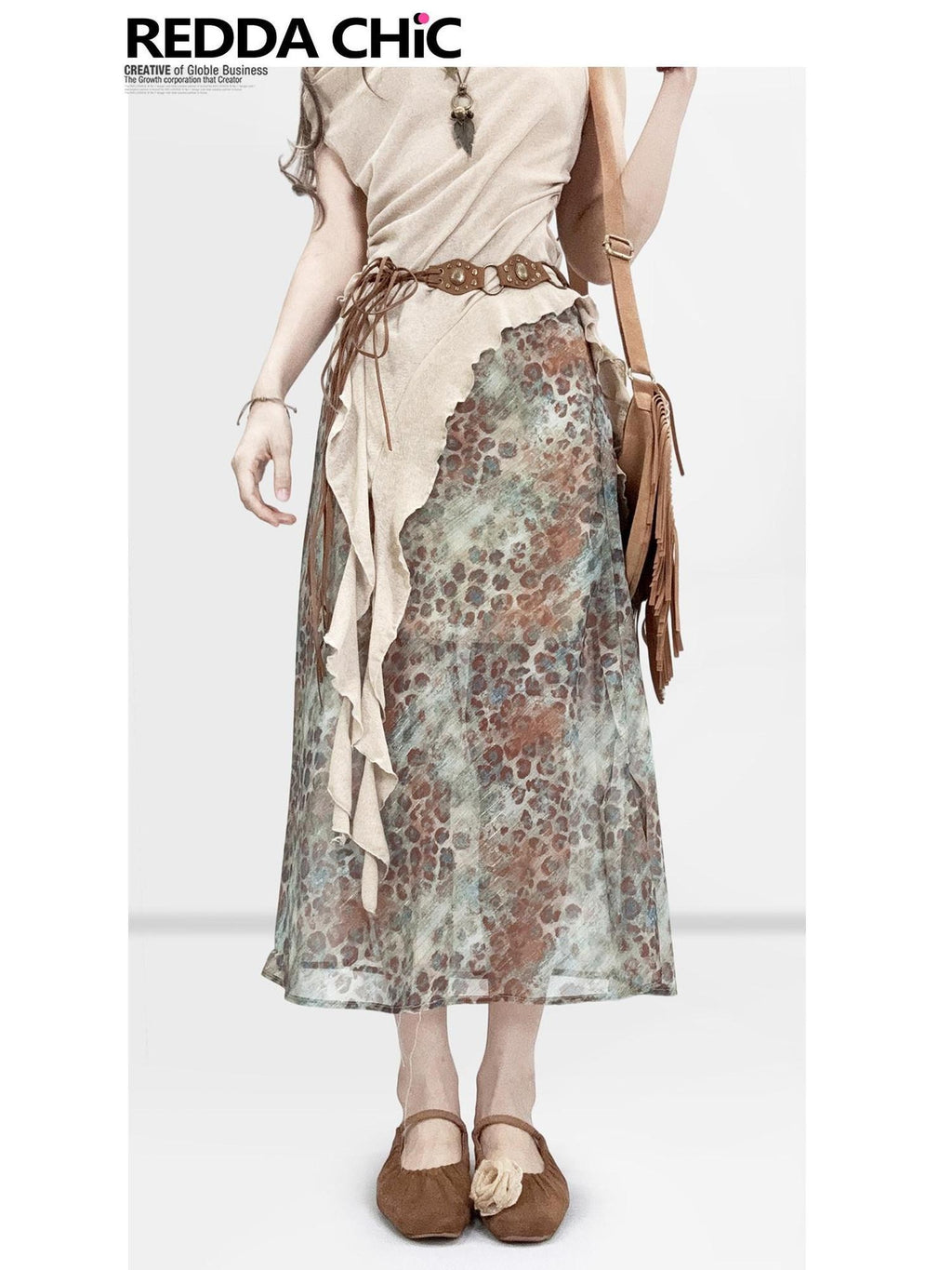 REDDACHIC Leopard Tie Dye Gradient Retro A Line Women'S Chiffon Midi Skirts