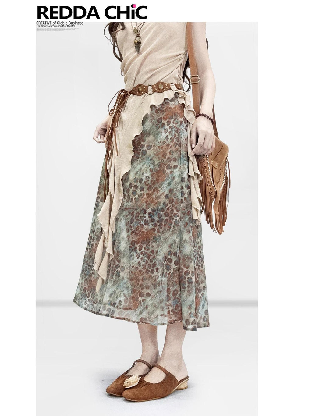 REDDACHIC Leopard Tie Dye Gradient Retro A Line Women'S Chiffon Midi Skirts