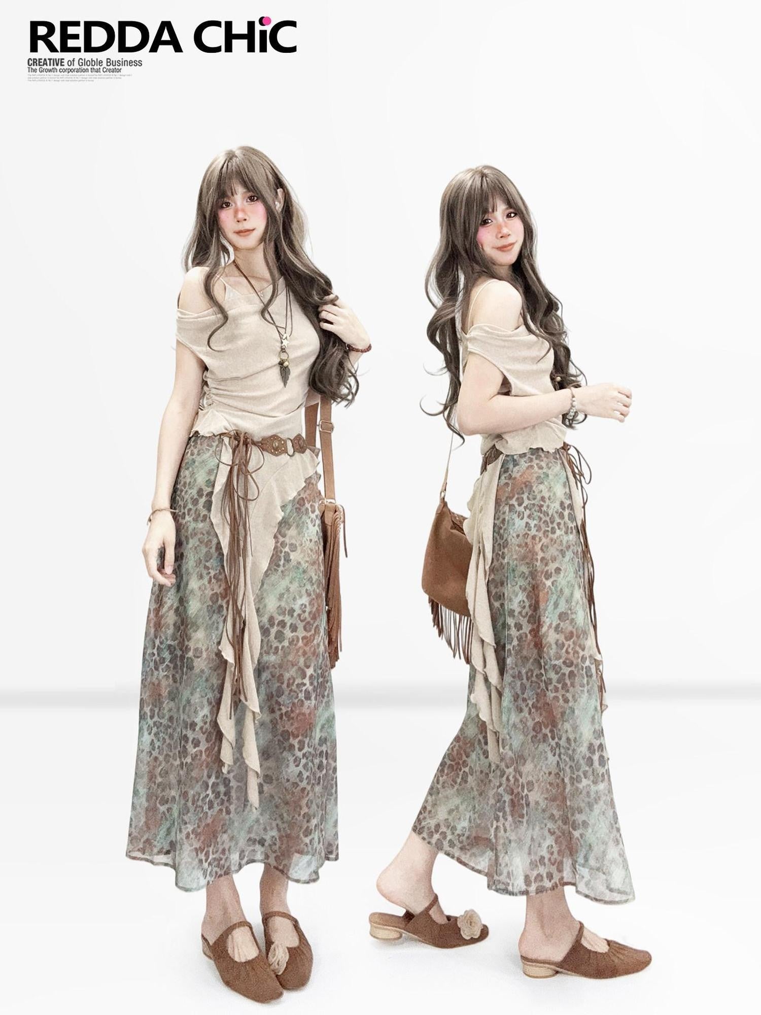REDDACHIC Leopard Tie Dye Gradient Retro A Line Women'S Chiffon Midi Skirts