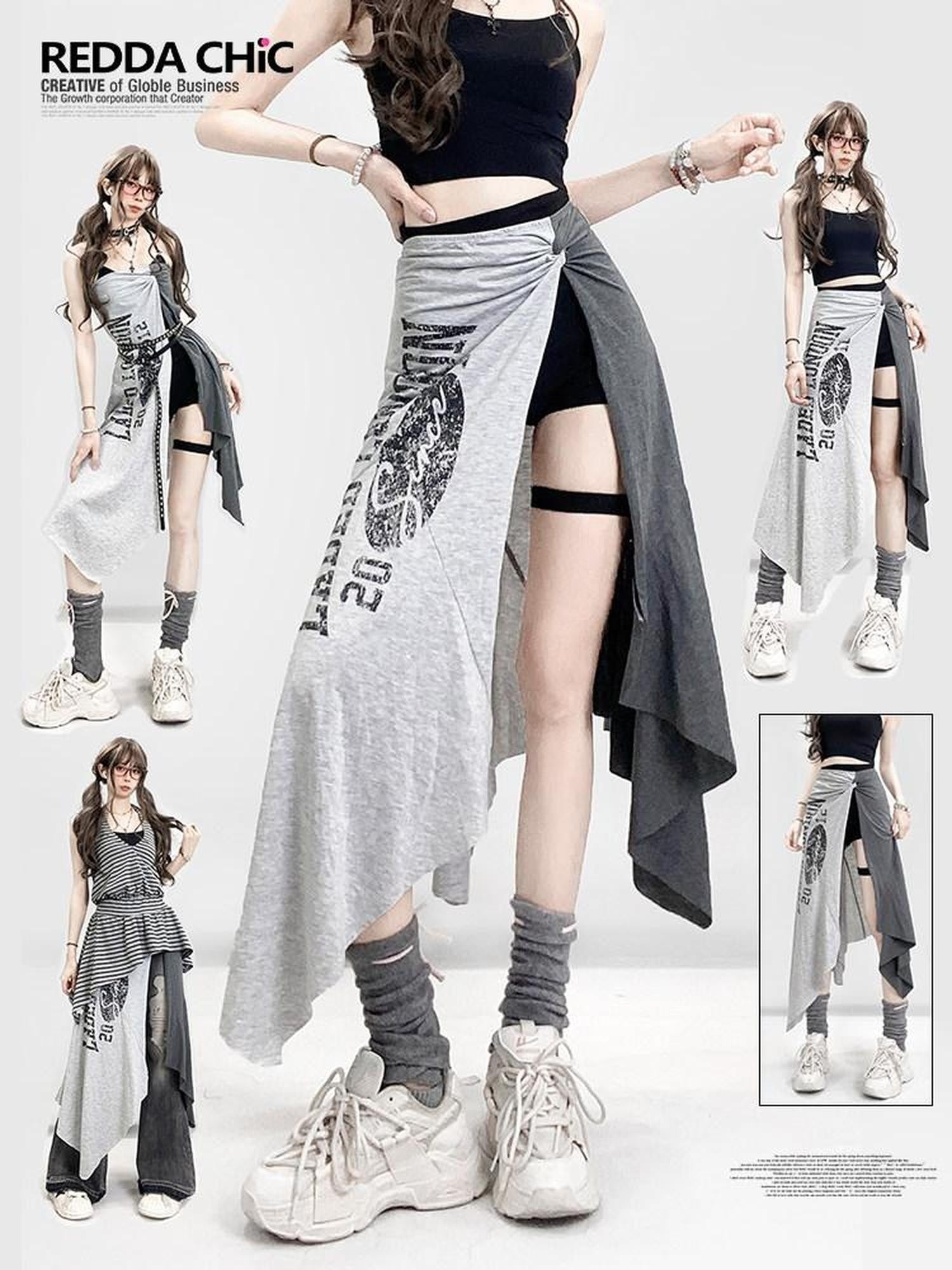 REDDACHIC Lettering Print Asymmetric Layered Slit A Line Sporty Women'S Maxi Skirts